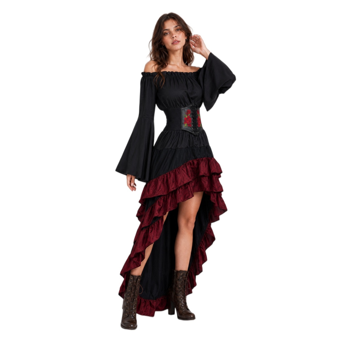 3Pcs Medieval Pirate Costume - Elizabeth Rose Embroidery Corset Ruffled Outfit